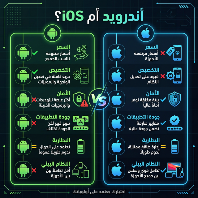 إنفوجرافيك: مقارنة بصرية بين أندرويد و iOS في السعر والأمان والتطبيقات